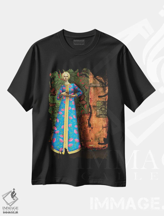 تیشرت مشکی طرح دار – تیشرت هنری زنانه ,دختری با لباس بلند اثر لیوا پاکالنه فانلی فروشگاه ایماژ