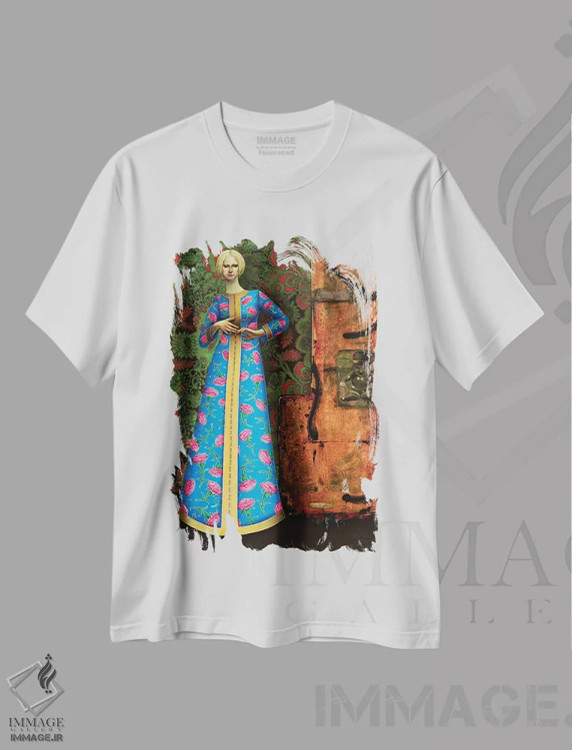 تیشرت سفید طرح دار – تیشرت هنری زنانه ,دختری با لباس بلند اثر لیوا پاکالنه فانلی immage.ir