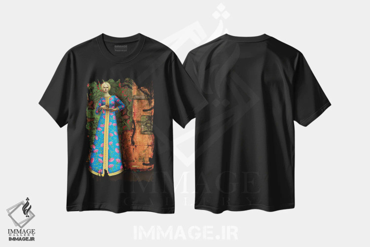 تیشرت مشکی طرح دار – تیشرت هنری زنانه ,دختری با لباس بلند اثر لیوا پاکالنه فانلی فروشگاه ایماژ