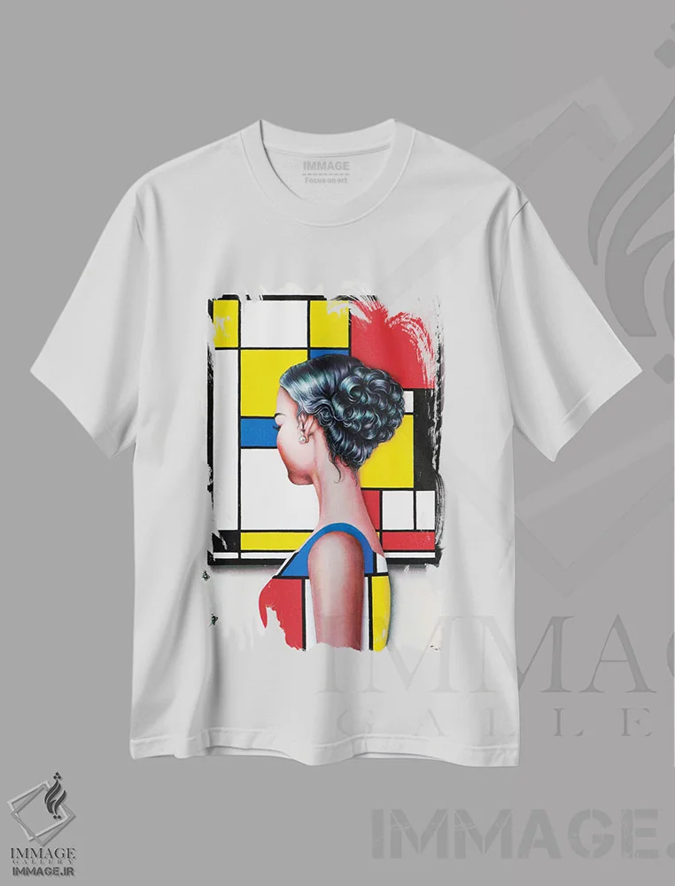تیشرت سفید طرح دار – تیشرت گرافیکی ,عاشق هنر موندریان اثر لیوا پاکالنه فانلی immage.ir