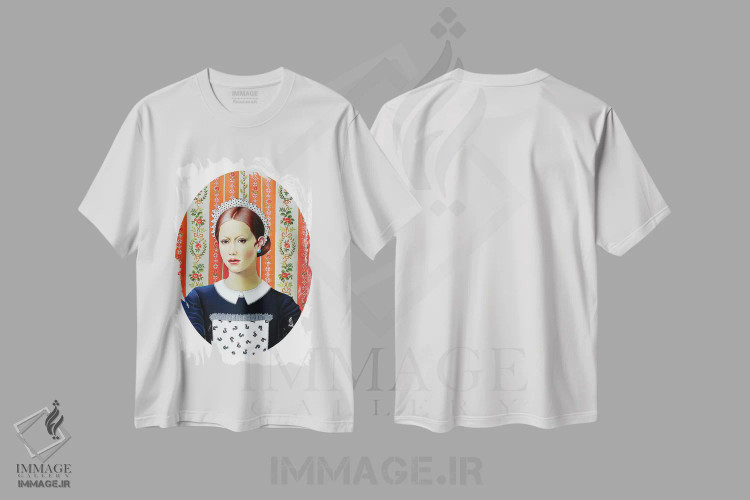 تیشرت سفید طرح دار – تیشرت هنری زنانه ,پیشخدمت زیبا اثر لیوا پاکالنه فانلی فروشگاه ایماژ