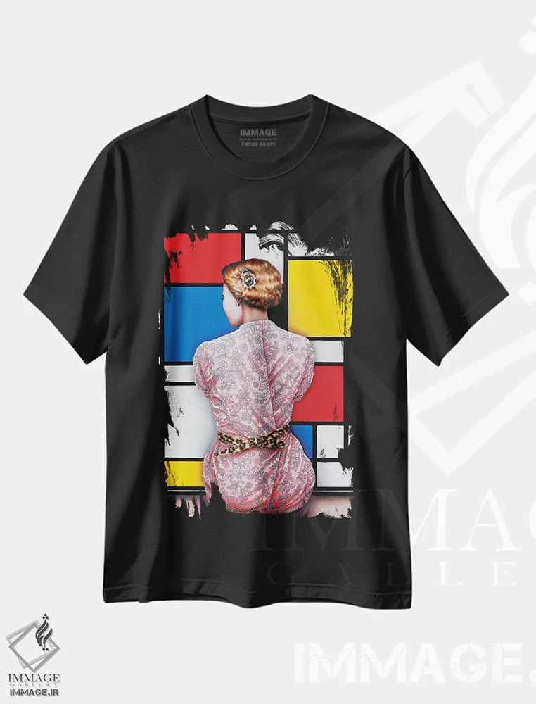 تیشرت مشکی طرح دار – تیشرت هنری مدرن ,عاشق هنر موندریان اثر لیوا پاکالنه فانلی immage.ir