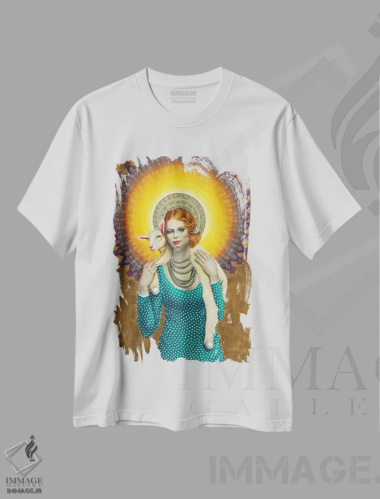 تیشرت سفید طرح دار – تیشرت طبیعت ,دختر مقدس اثر لیوا پاکالنه فانلی immage.ir