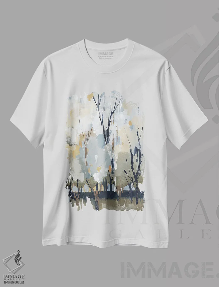 تیشرت سفید طرح دار – تیشرت طبیعت ,برچ نقره ای اثر لرا immage.ir