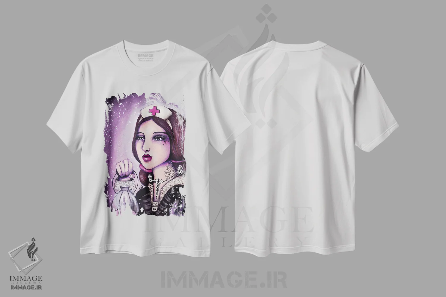 تیشرت سفید طرح دار – تیشرت هنری ,بانوی چراغ به دست اثر تامارا لاپورت فروشگاه ایماژ