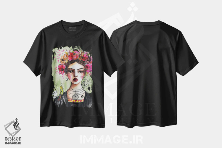 تیشرت مشکی طرح دار – تیشرت هنری ,بانویی با گل ها اثر تامارا لاپورت فروشگاه ایماژ