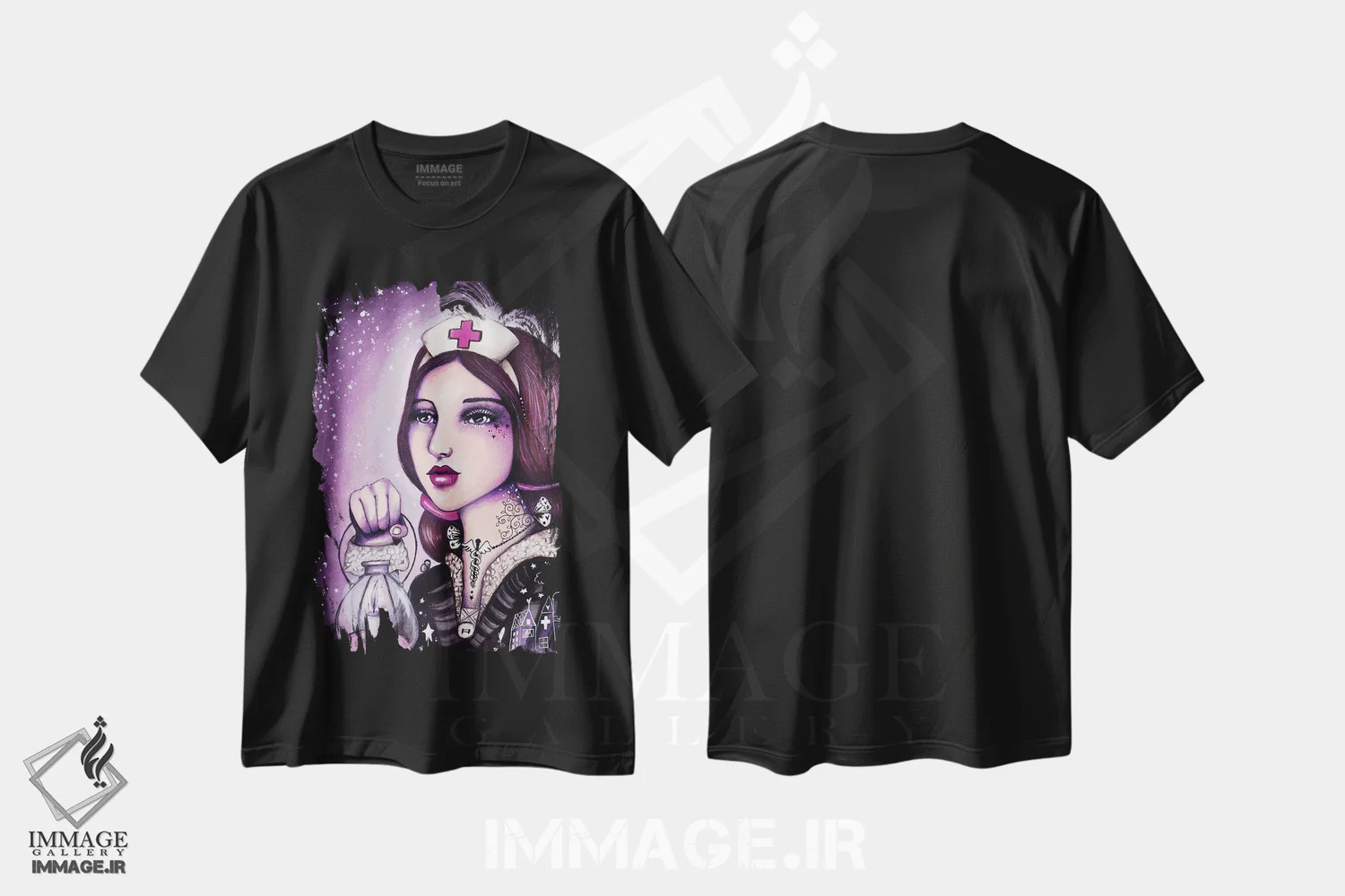 تیشرت مشکی طرح دار – تیشرت هنری ,بانوی چراغ به دست اثر تامارا لاپورت immage.ir