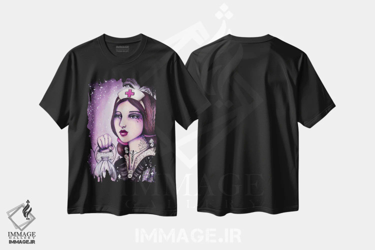 تیشرت مشکی طرح دار – تیشرت هنری ,بانوی چراغ به دست اثر تامارا لاپورت immage.ir