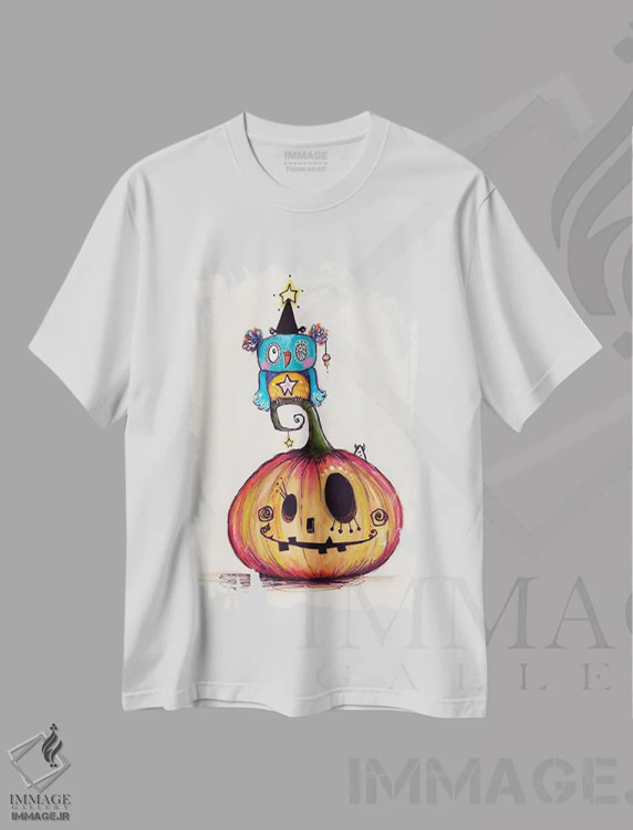 تیشرت سفید طرح دار – تیشرت پاییزی ,کدوحلوایی با پرنده عجیب اثر تامارا لاپورت فروشگاه ایماژ