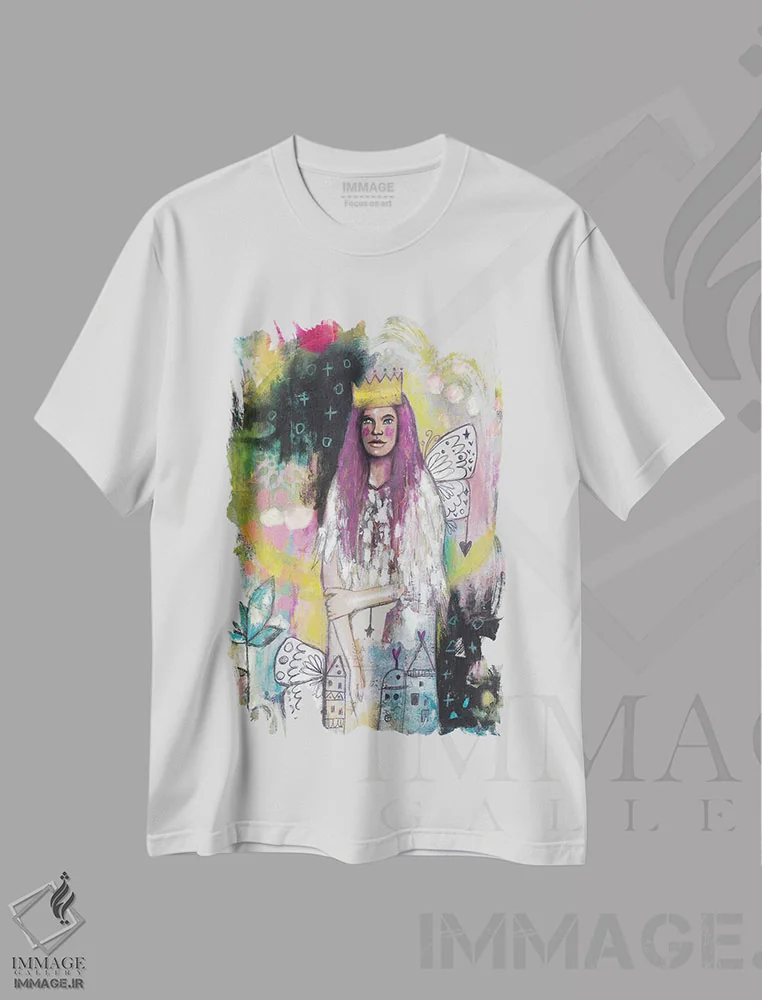 تیشرت سفید طرح دار – تیشرت هنری زنانه ,ملکه وجود خود اثر تامارا لاپورت فروشگاه ایماژ