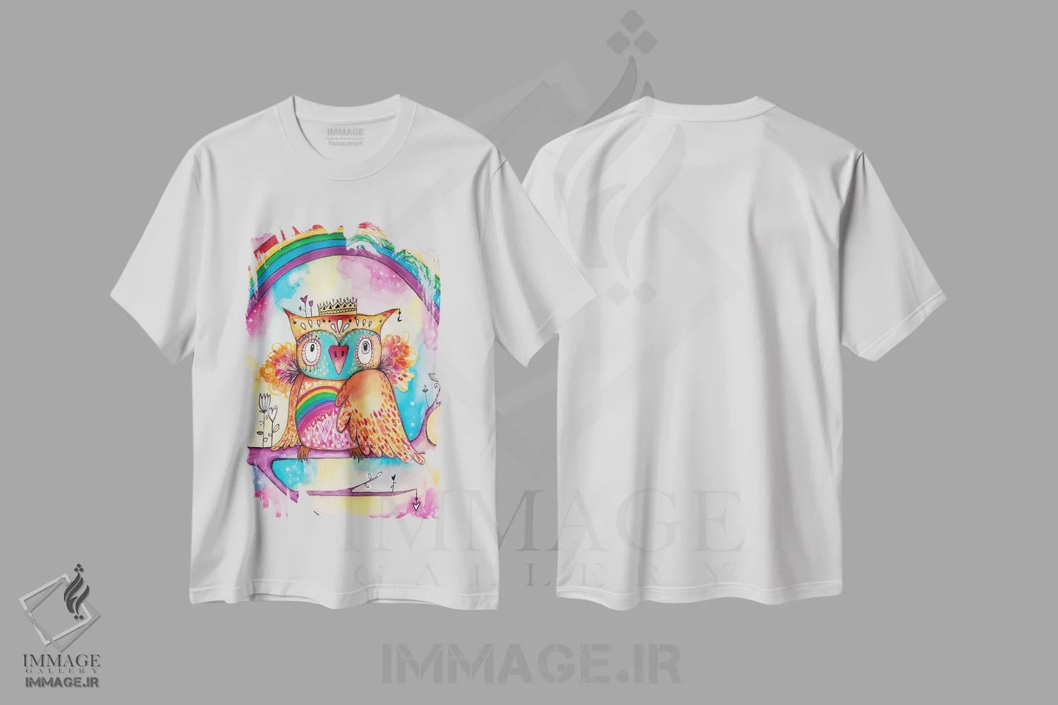 تیشرت سفید طرح دار – تیشرت فانتزی ,پرنده رنگین کمانی اثر تامارا لاپورت فروشگاه ایماژ