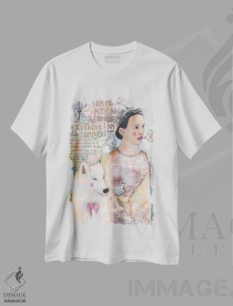 تیشرت سفید طرح دار – تیشرت فانتزی ,بانویی و گرگ سفید اثر تامارا لاپورت immage.ir