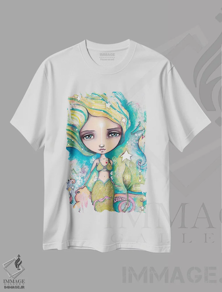 تیشرت سفید طرح دار – تیشرت فانتزی ,پری دریایی کوچک توانمند اثر تامارا لاپورت فروشگاه ایماژ