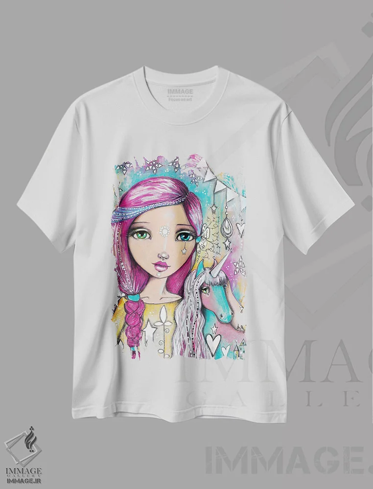 تیشرت سفید طرح دار – تیشرت دخترانه فانتزی ,دختر تک شاخ اثر تامارا لاپورت فروشگاه ایماژ