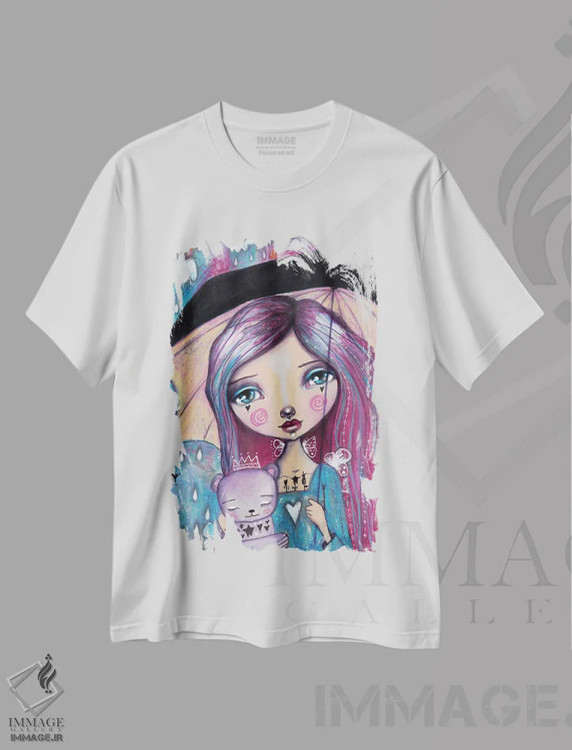 تیشرت سفید طرح دار – تیشرت فانتزی ,وقتی باران می بارد خرسی را در آغوش بگیر اثر تامارا لاپورت فروشگاه ایماژ