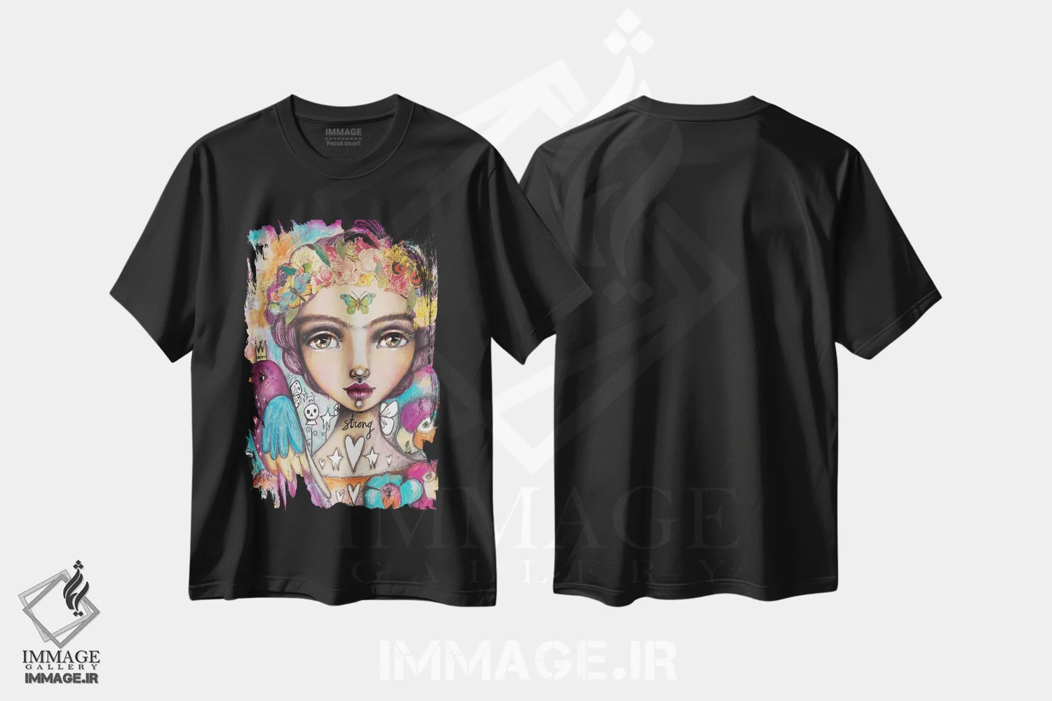 تیشرت مشکی طرح دار – تیشرت هنری ,آزاد و رها اثر تامارا لاپورت فروشگاه ایماژ