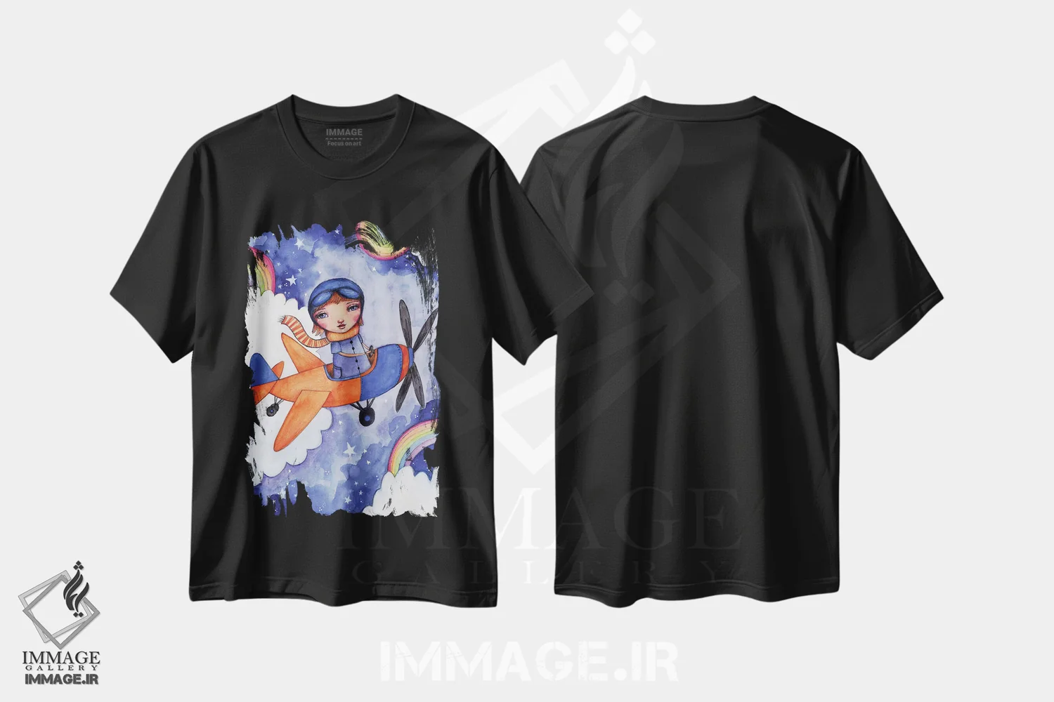 تیشرت مشکی طرح دار – تیشرت فانتزی ,پرواز در میان ستارگان و رنگین کمان ها اثر تامارا لاپورت فروشگاه ایماژ