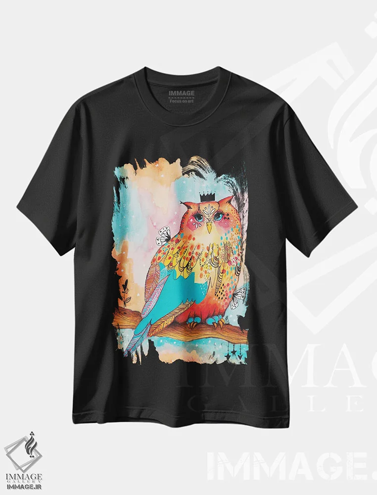 تیشرت مشکی طرح دار – تیشرت فانتزی ,جغد شاد اثر تامارا لاپورت فروشگاه ایماژ