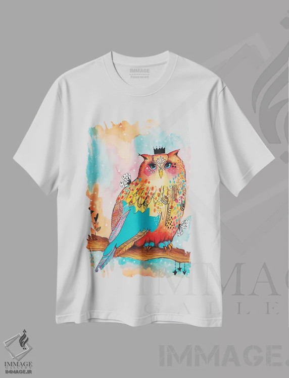 تیشرت سفید طرح دار – تیشرت فانتزی ,جغد شاد اثر تامارا لاپورت immage.ir