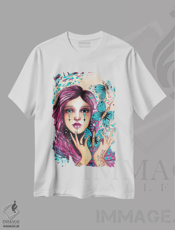 تیشرت سفید طرح دار – تیشرت هنری ,پروانه ملکه اثر تامارا لاپورت immage.ir