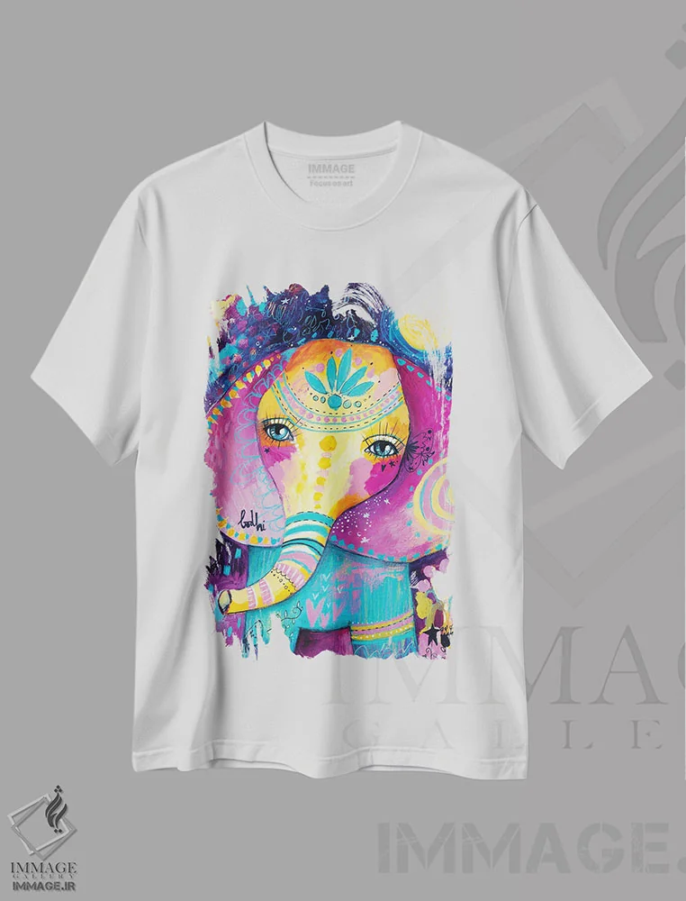 تیشرت سفید طرح دار – تیشرت فانتزی ,فیل و رؤیا اثر تامارا لاپورت فروشگاه ایماژ