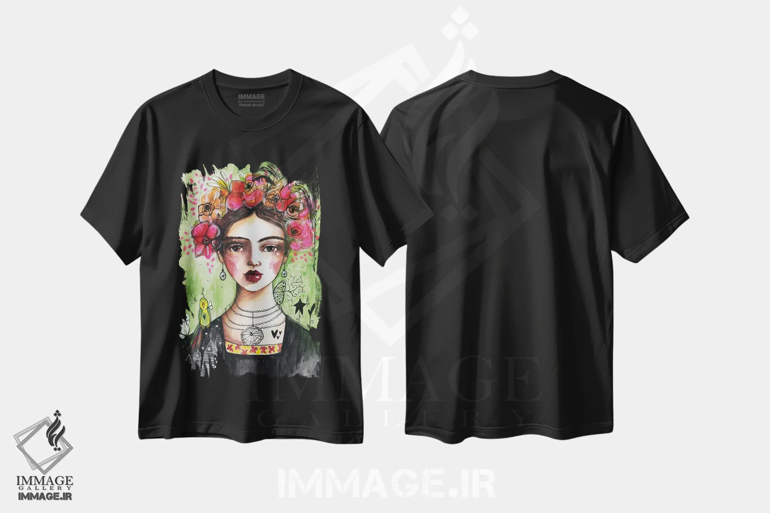 تیشرت مشکی طرح دار – تیشرت هنری ,بانویی با گل ها ایکس اثر تامارا لاپورت immage.ir
