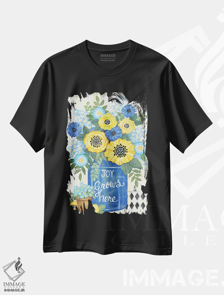 تیشرت مشکی طرح دار – تیشرت گل ,شادی اینجا رشد می کند اثر آنی لاپوینت فروشگاه ایماژ
