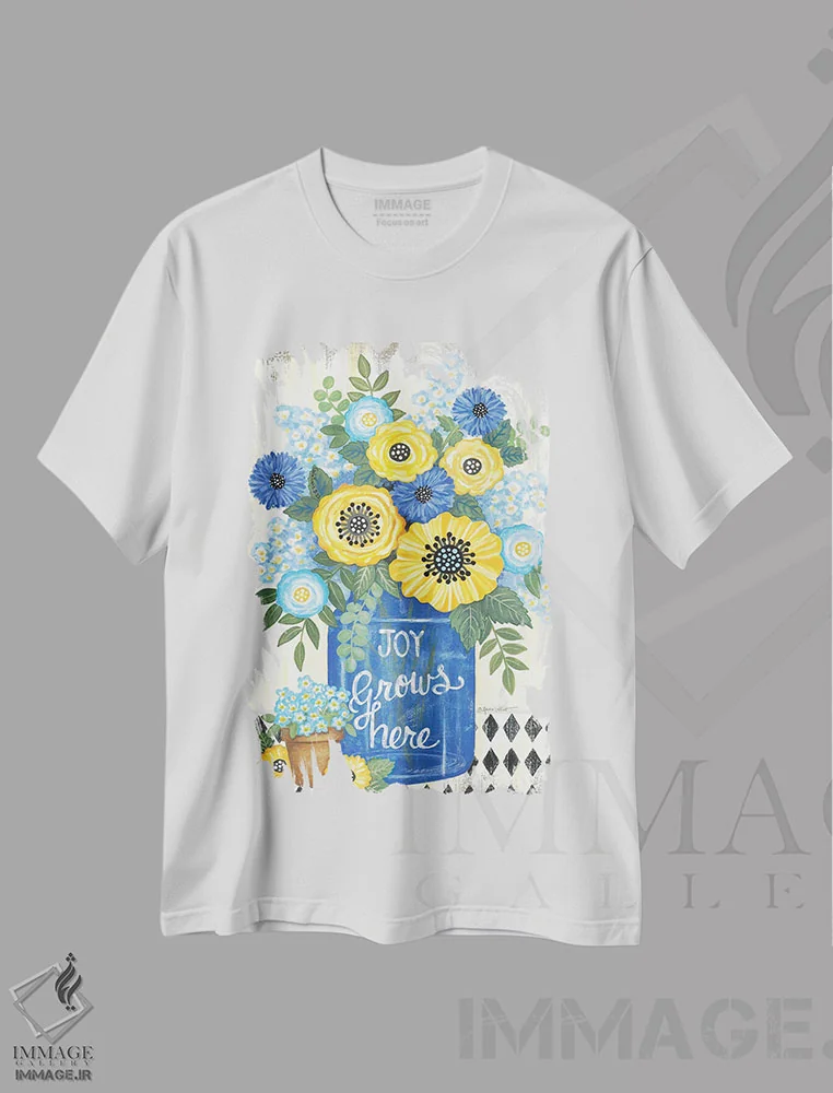 تیشرت سفید طرح دار – تیشرت گل ,شادی اینجا رشد می کند اثر آنی لاپوینت immage.ir