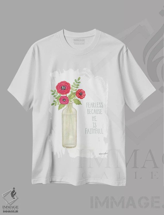 تیشرت سفید طرح دار – تیشرت هنری ,شکوفه های قرمز اثر آنی لاپوینت immage.ir
