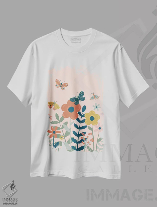 تیشرت سفید طرح دار – تیشرت طبیعت ,باغ پروانه ها اثر لیزا پری فروشگاه ایماژ