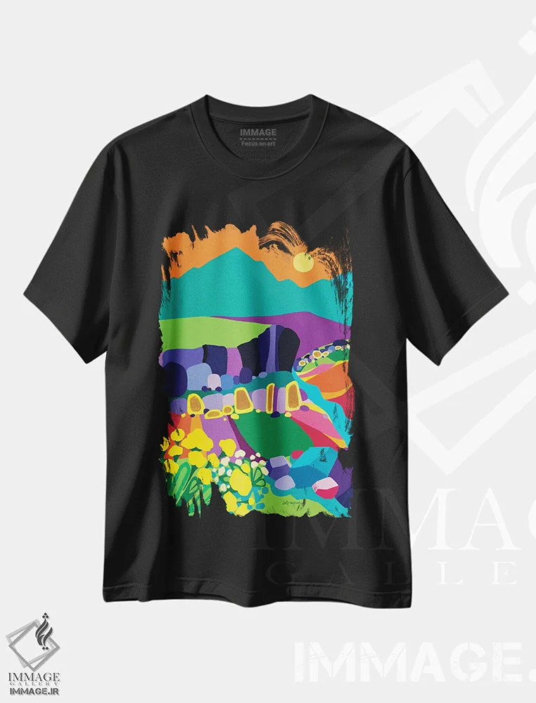 تیشرت مشکی طرح دار – تیشرت انتزاعی ,آن سوی رنگین کمان اثر لیندا راوچ فروشگاه ایماژ