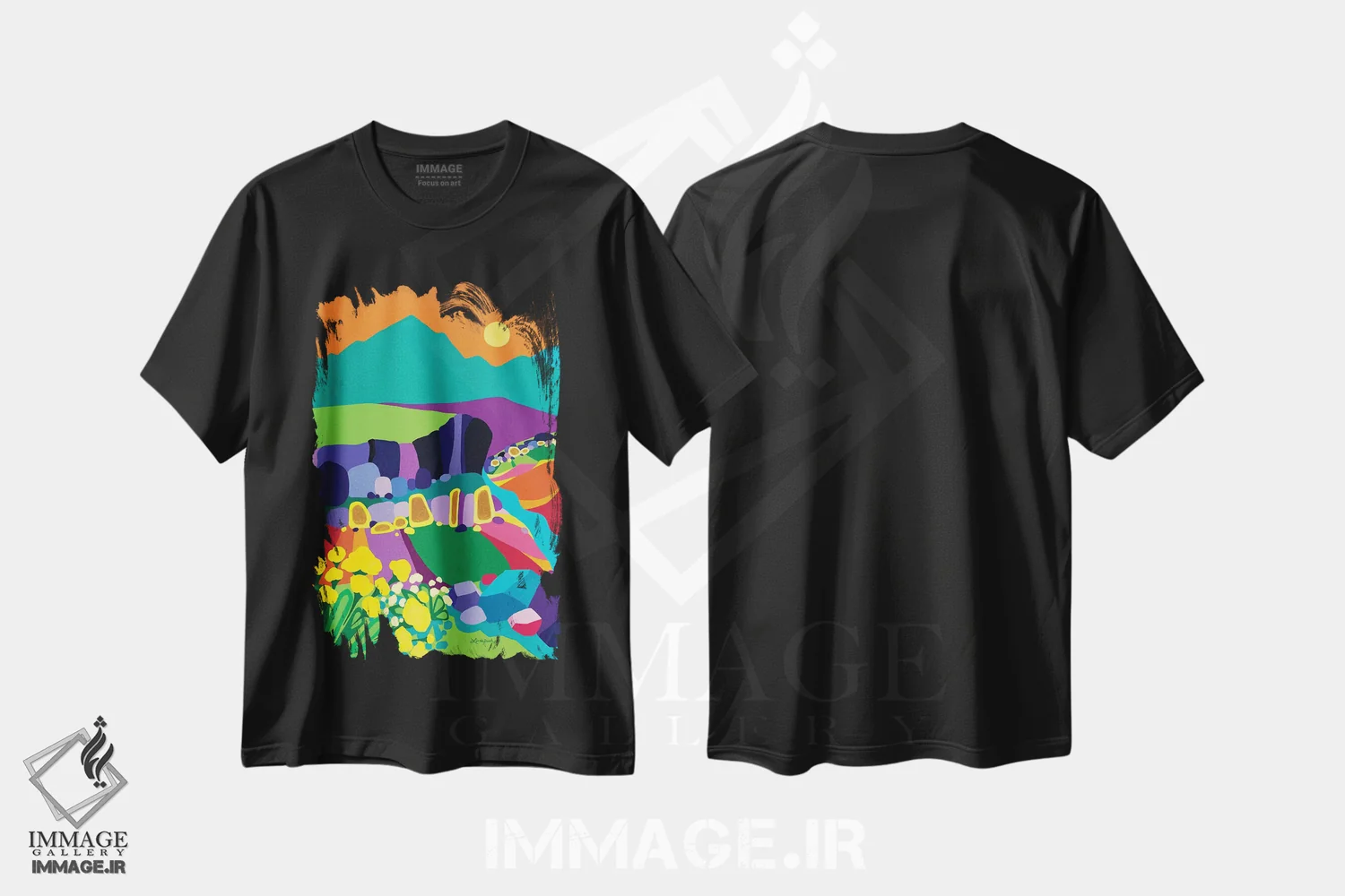 تیشرت مشکی طرح دار – تیشرت انتزاعی ,آن سوی رنگین کمان اثر لیندا راوچ فروشگاه ایماژ