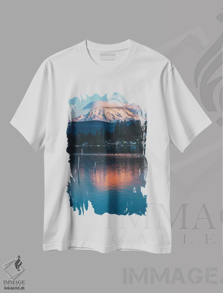 تیشرت سفید طرح دار – تیشرت منظره ,غروب رینییر بر دریاچه صاف اثر لوئیس راث فروشگاه ایماژ
