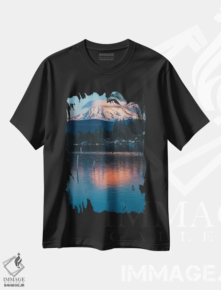 تیشرت مشکی طرح دار – تیشرت منظره ,غروب رینییر بر دریاچه صاف اثر لوئیس راث immage.ir