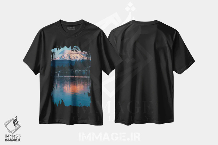 تیشرت مشکی طرح دار – تیشرت منظره ,غروب رینییر بر دریاچه صاف اثر لوئیس راث immage.ir