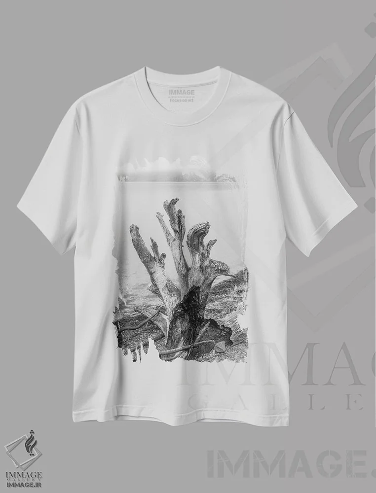 تیشرت سفید طرح دار – تیشرت طبیعت ,کنده درخت پیچ خورده اثر لوئیس راث immage.ir