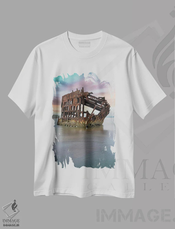 تیشرت سفید طرح دار – تیشرت طبیعت ,لاشه کشتی رنگین کمانی اثر لوئیس راث immage.ir