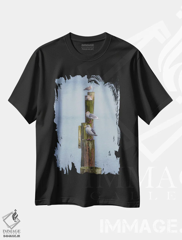 تیشرت مشکی طرح دار – تیشرت پرنده ,مرغ های دریایی صف کشیده اثر لوئیس راث immage.ir