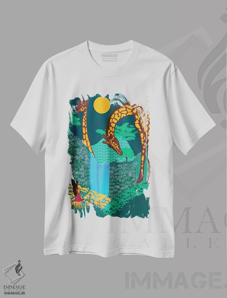 تیشرت سفید طرح دار – تیشرت حیوانات ,زرافه ها اثر لُرین تیوری immage.ir