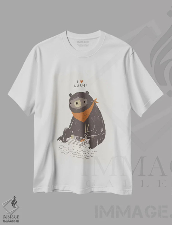 تیشرت سفید طرح دار – تیشرت طنز ,خرس سوشی اثر لوئیس روسکوش فروشگاه ایماژ