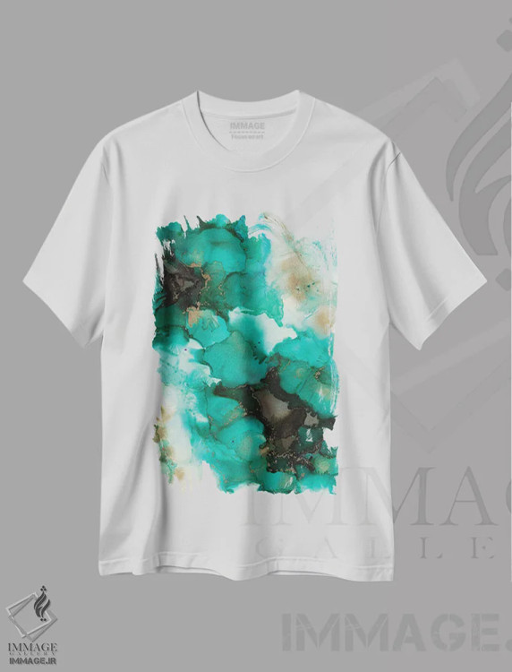 تیشرت سفید طرح دار – تیشرت طبیعت ,شفق فیروزه ای اثر امبر لامورو فروشگاه ایماژ