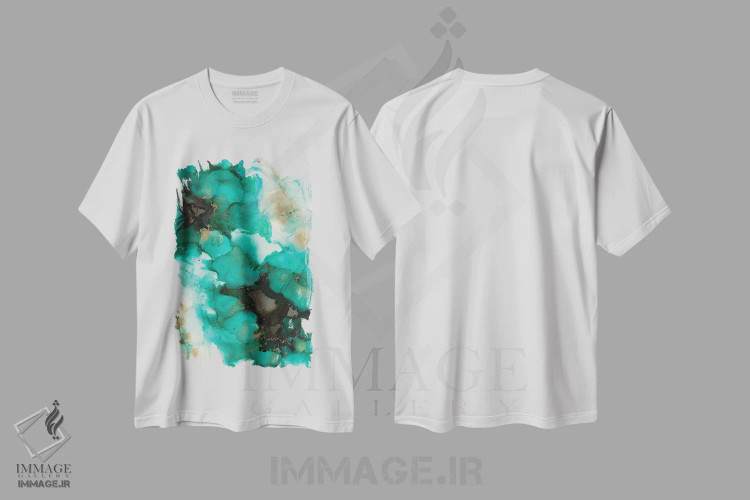 تیشرت سفید طرح دار – تیشرت طبیعت ,شفق فیروزه ای اثر امبر لامورو فروشگاه ایماژ