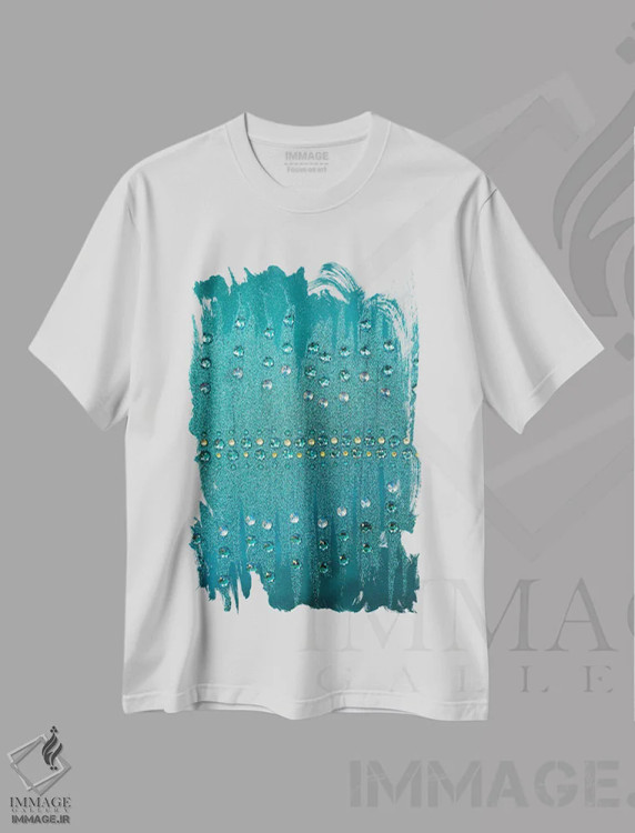 تیشرت سفید طرح دار – تیشرت هنری مینیمال ,درخشش فیروزه ای اثر امبر لامورو فروشگاه ایماژ