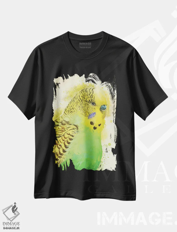 تیشرت مشکی طرح دار – تیشرت حیوانات ,پرتره مرغ عشق سبز اثر لوییز گلبی فروشگاه ایماژ