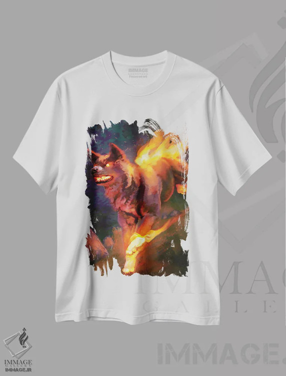 تیشرت سفید طرح دار – تیشرت فانتزی ,سگ آتشین اثر لوییز گلبی فروشگاه ایماژ