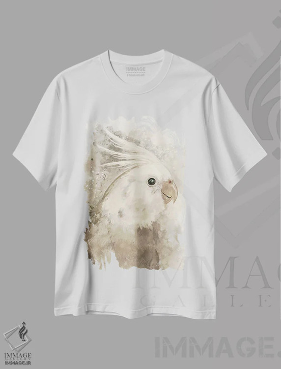 تیشرت سفید طرح دار – تیشرت طبیعت ,کاکاتیل صورت سفید اثر لوییز گلبی immage.ir