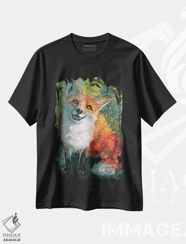 تیشرت مشکی طرح دار – تیشرت طبیعت ,روباه شاد اثر لوییز گلبی immage.ir