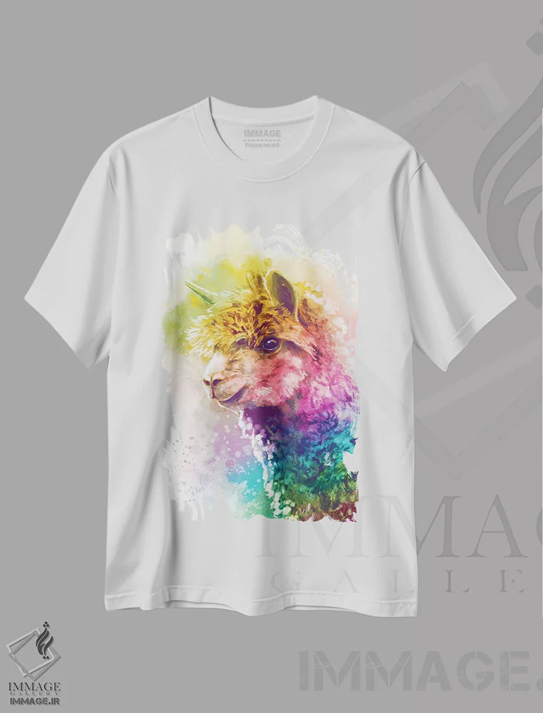 تیشرت سفید طرح دار – تیشرت فانتزی ,لامای رنگین کمانی اثر لوییز گلبی فروشگاه ایماژ
