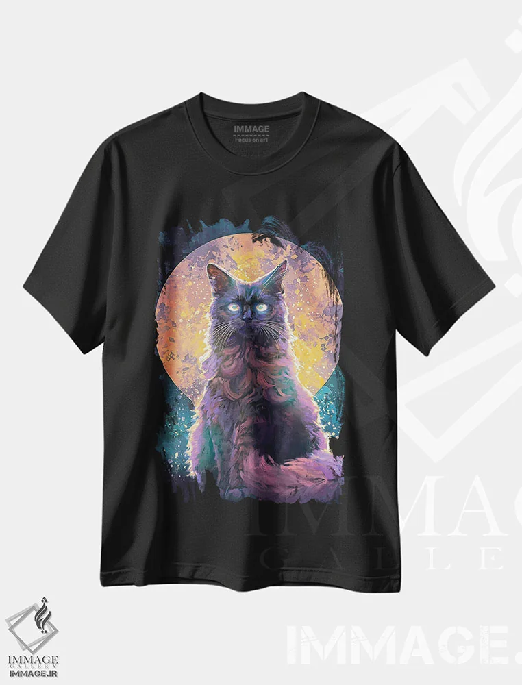 تیشرت مشکی طرح دار – تیشرت فانتزی ,گربه مهتابی اثر لوییز گلبی immage.ir