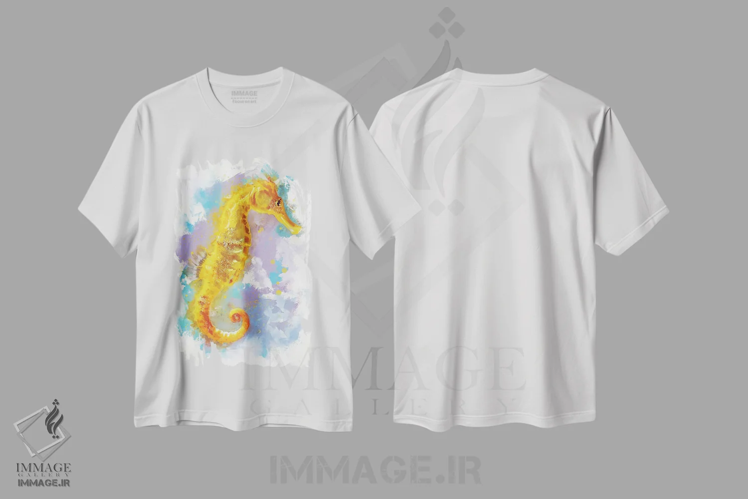 تیشرت سفید طرح دار – تیشرت طبیعت ,اسب دریایی اثر لوییز گلبی immage.ir